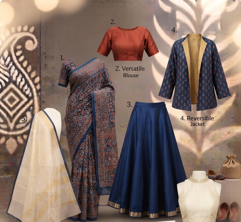Emerald saree and royal blue kurta set displayed on studio podiums