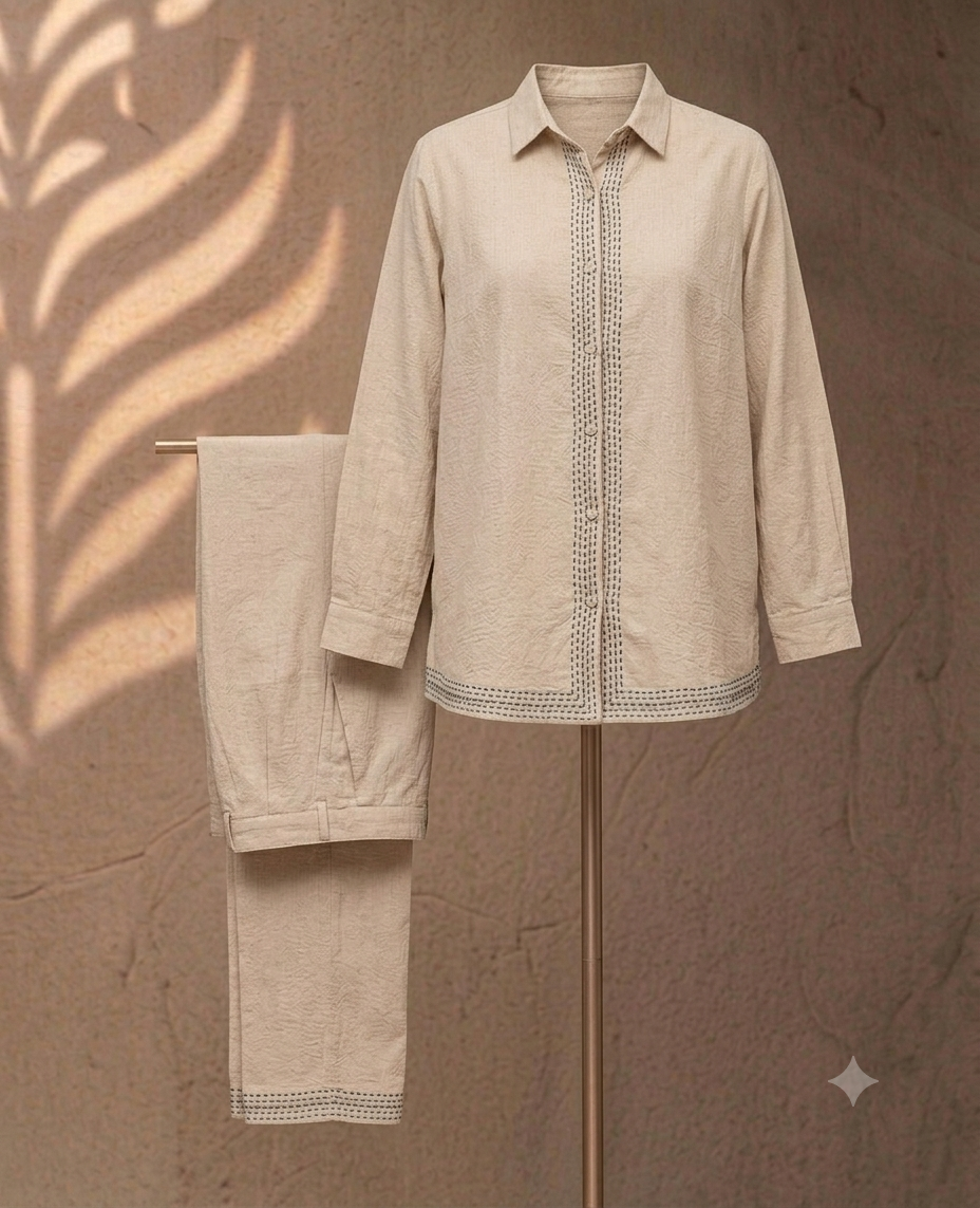 Beige Kantha Cotton Co-Ord