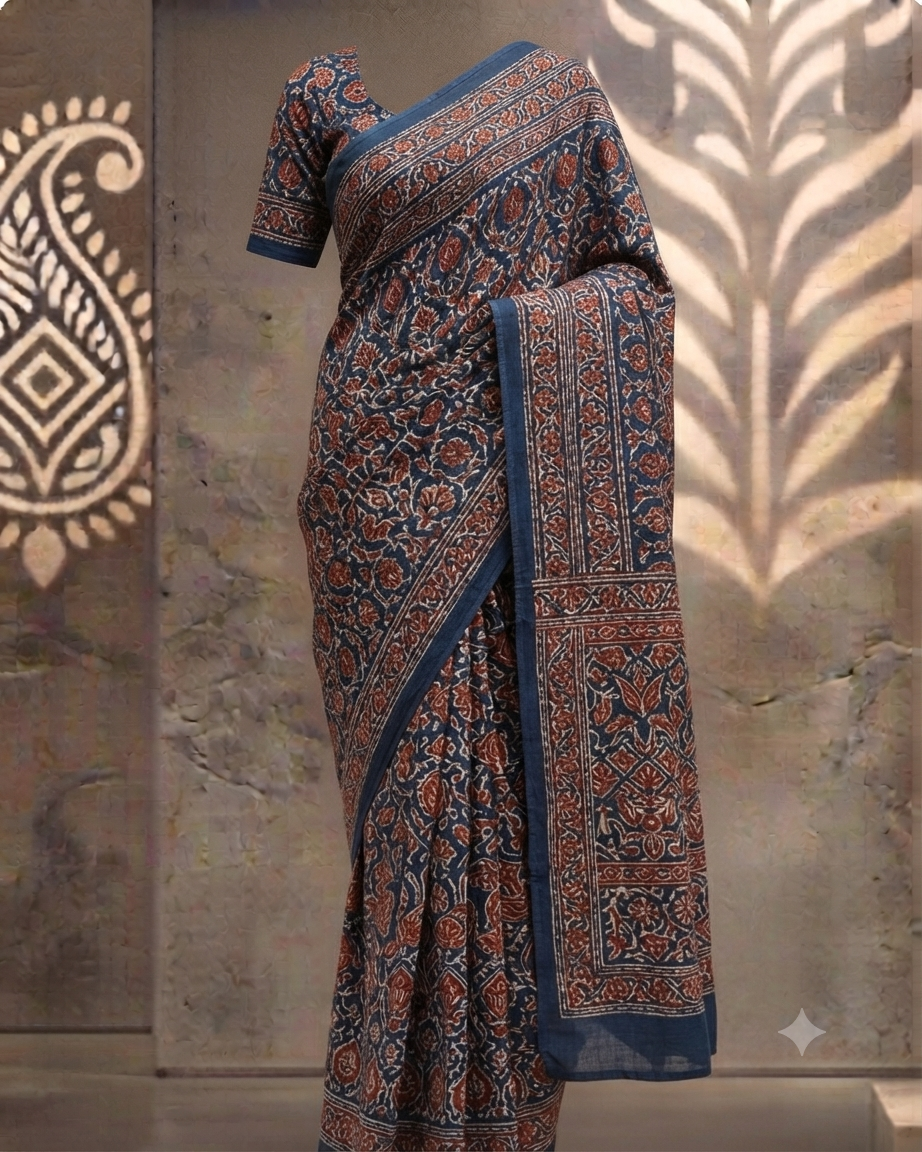 Indigo Bagru Hand-Block Saree
