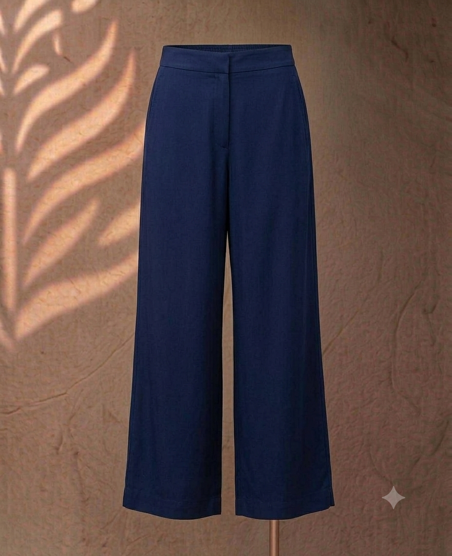 Navy Rayon Wide-Leg Pants