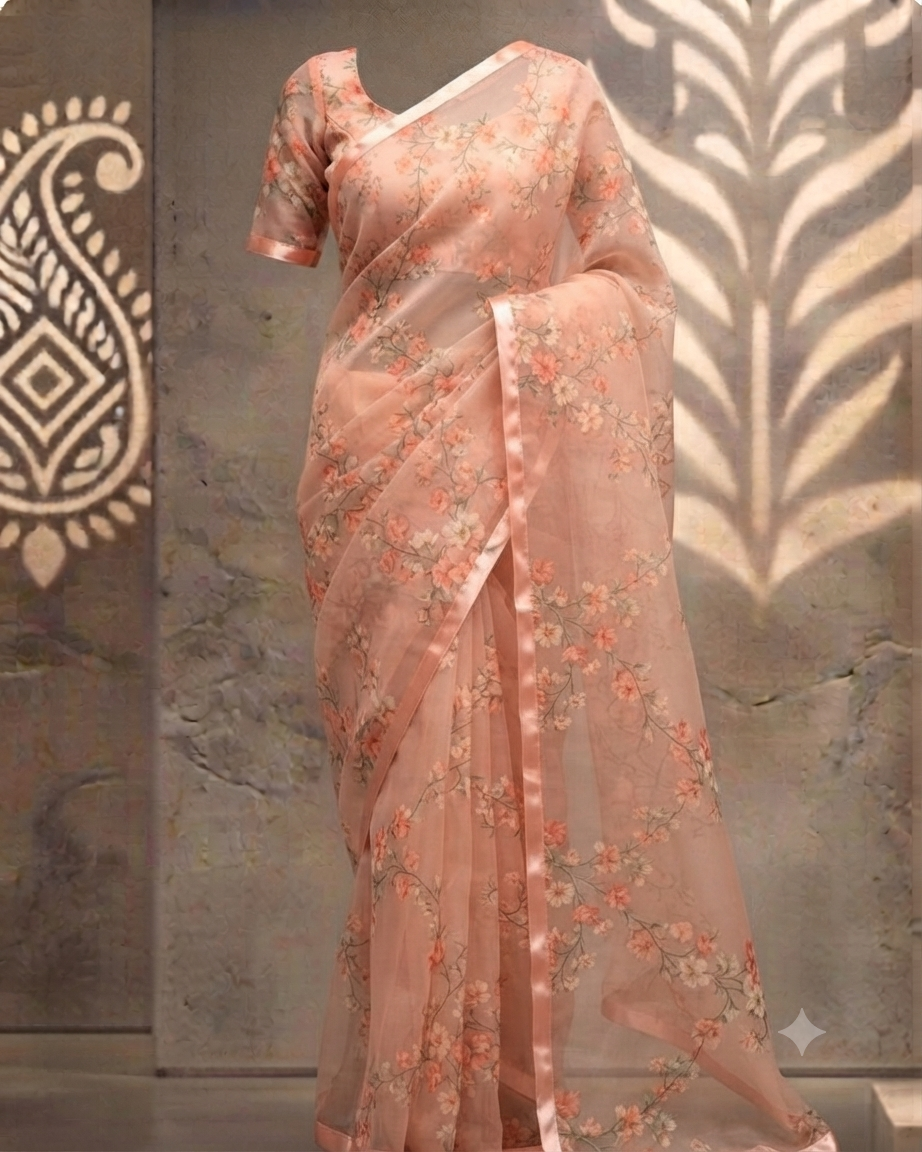 Peach Organza Floral Saree