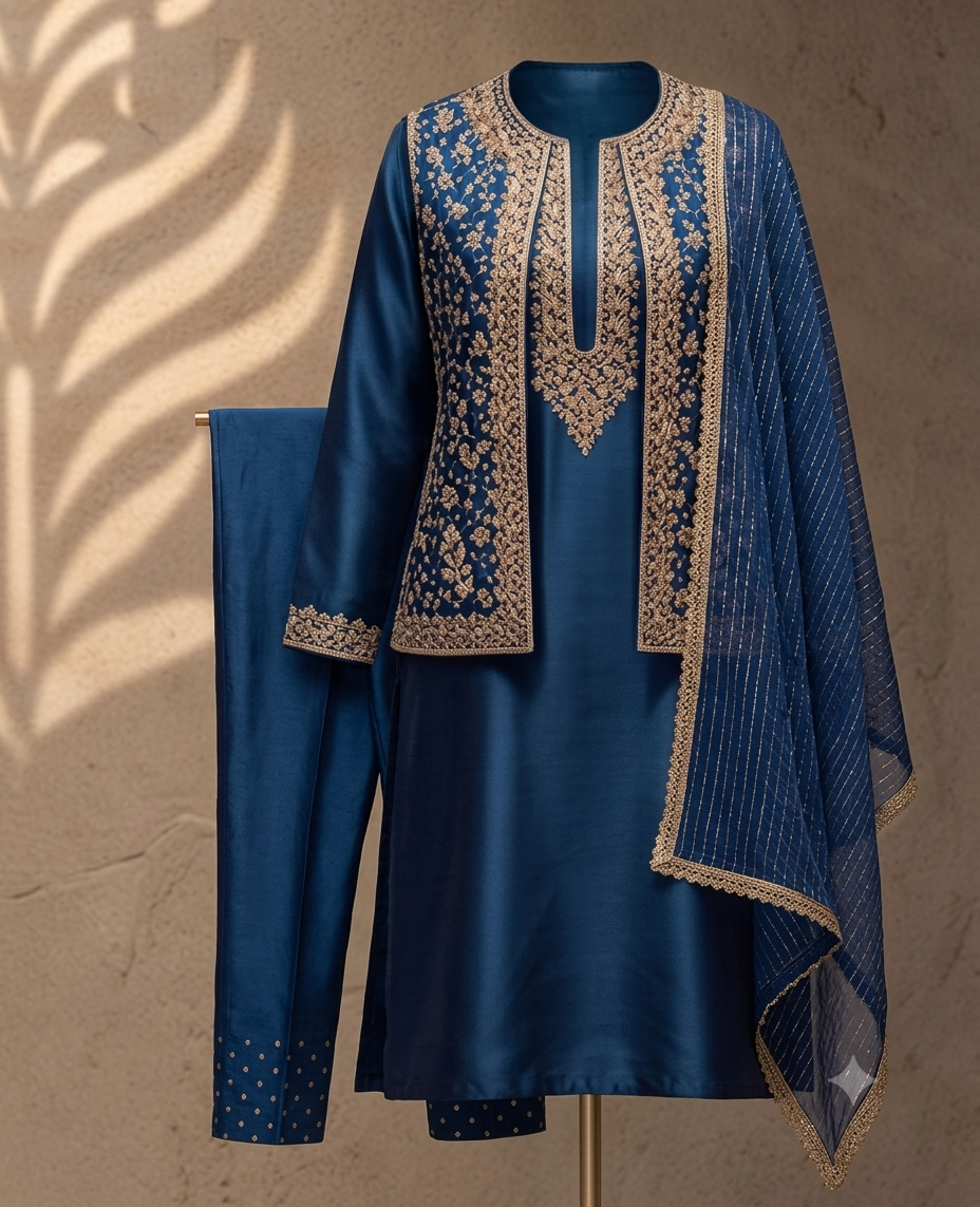 Royal blue kurta with a matching gold-embroidered open jacket