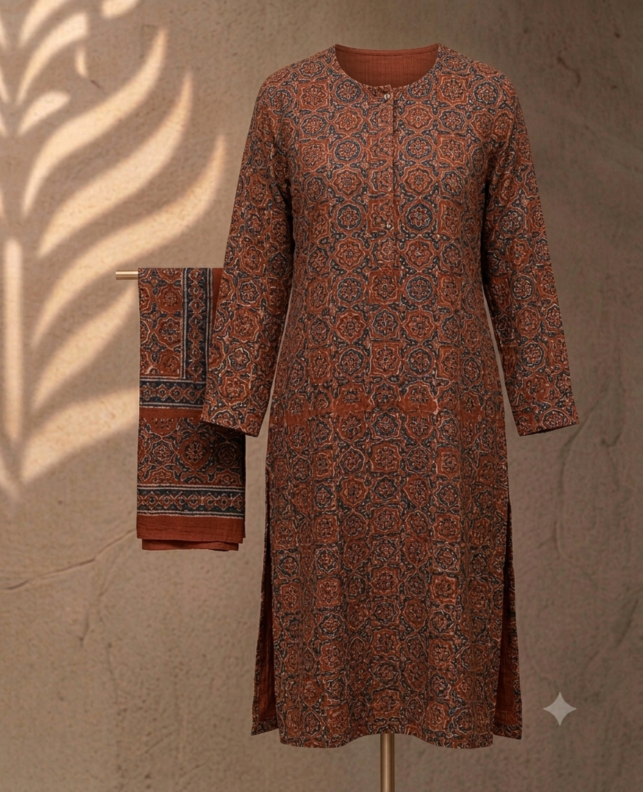 Rust Ajrakh Print Cotton Kurti