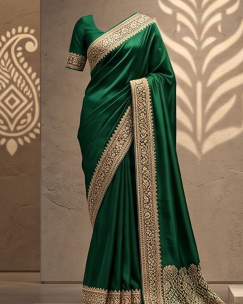 Emerald Grace pure silk saree with a gold zari border and matching blouse