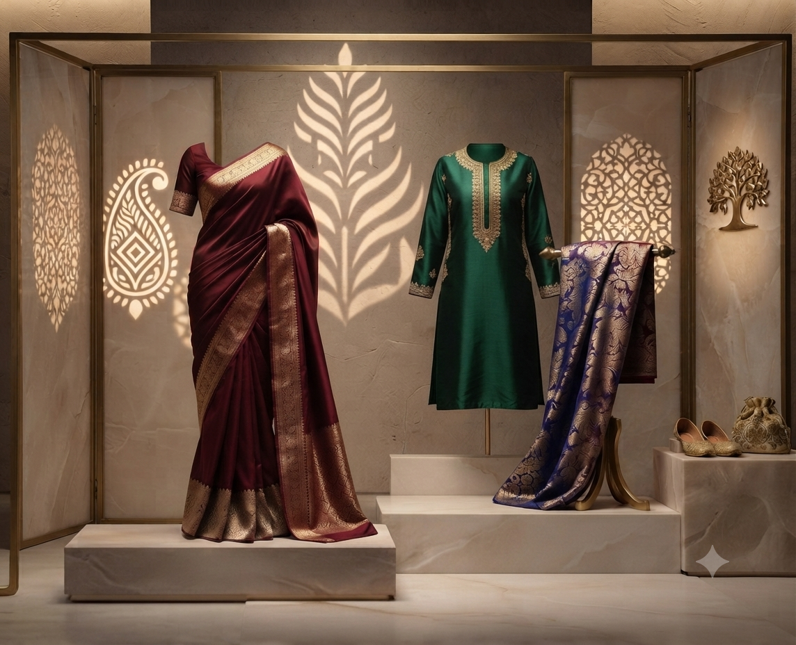 Emerald silk saree, blue kurta set and framed brocade swatches on a studio display
